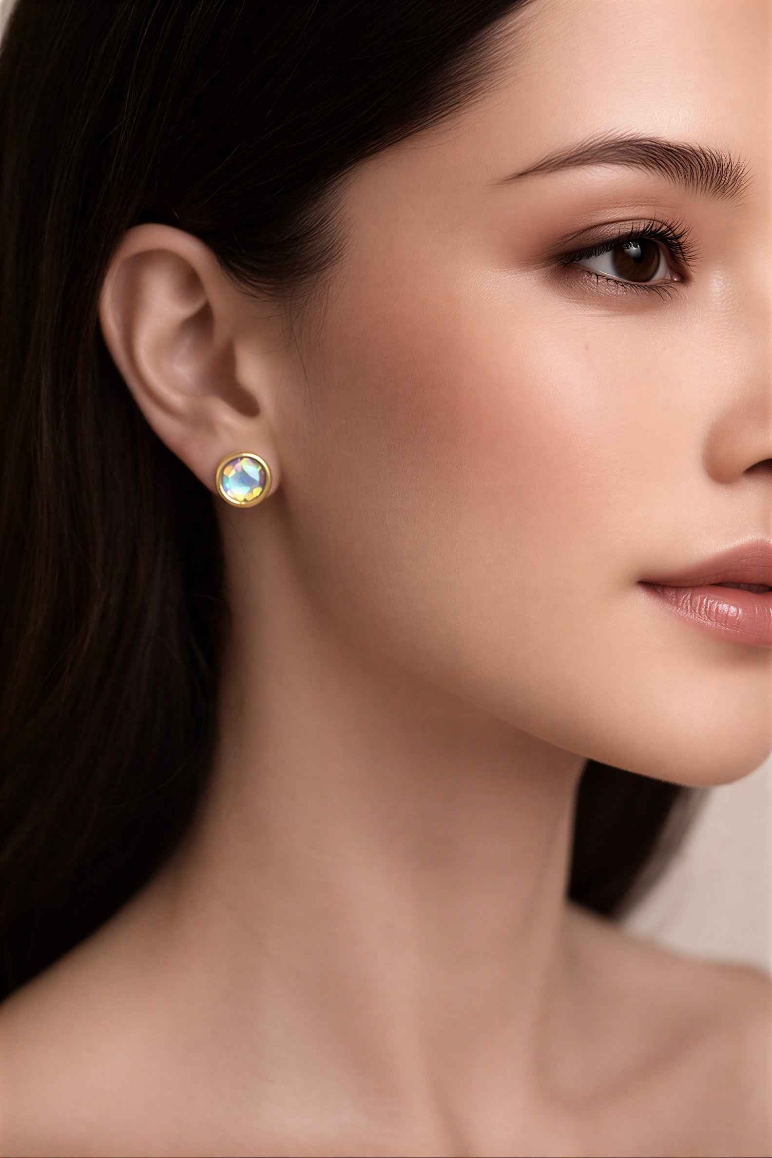Gold Round Stud Earrings with Iridescent Crystal – Unisex Minimalist Gemstone Earrings – Modern Luxury Jewelry