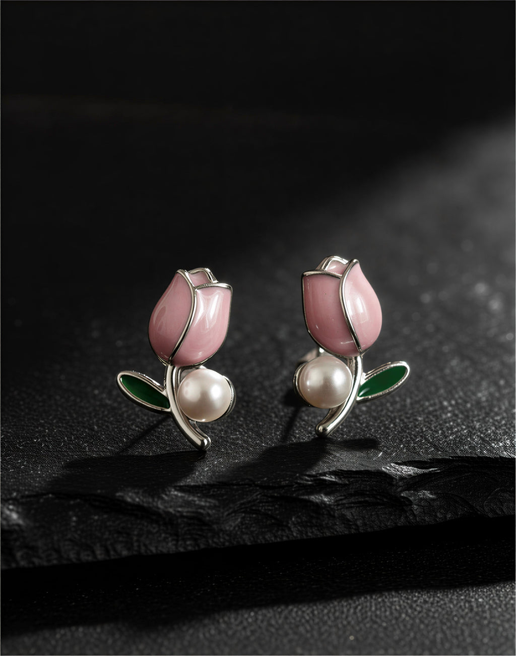 Pink Tulip Enamel & Faux Pearl Stud Earrings - VAYNORA JEWELS