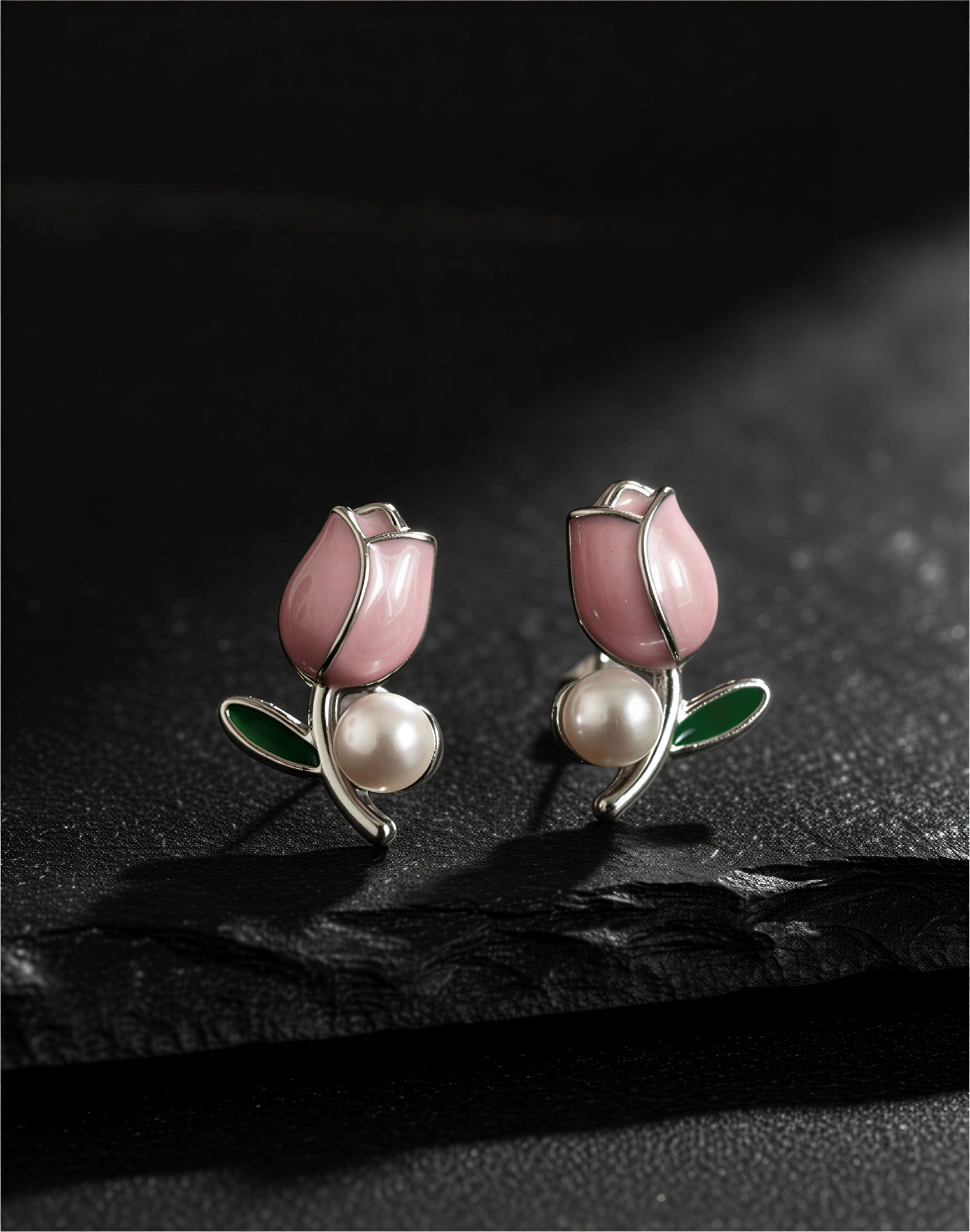 Pink Tulip Enamel & Faux Pearl Stud Earrings - VAYNORA JEWELS