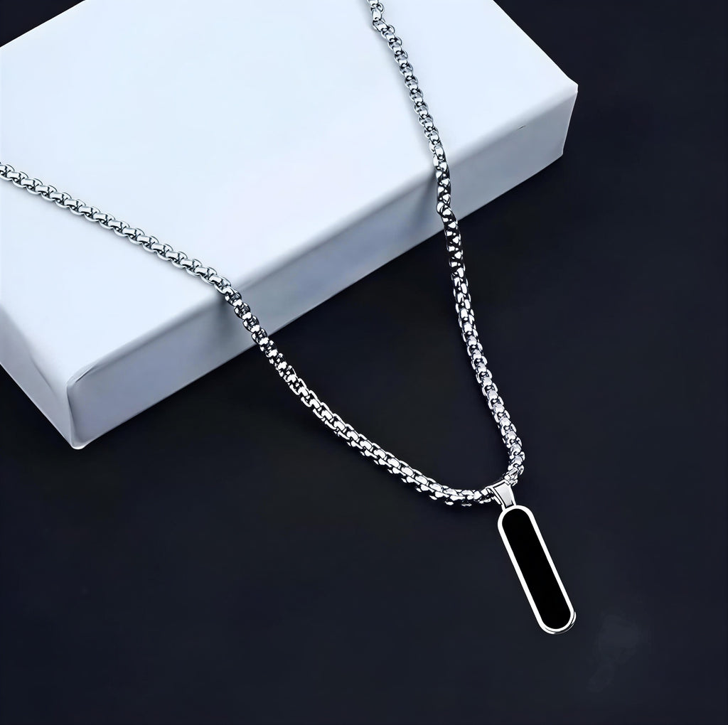 Premium stainless steel black bar pendant necklace with silver chain displayed in luxury box – modern pendant jewelry for men