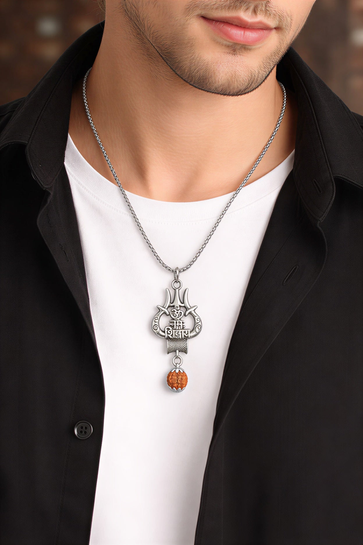 mens wearing maha shiv trishul rudraksha pendant chain