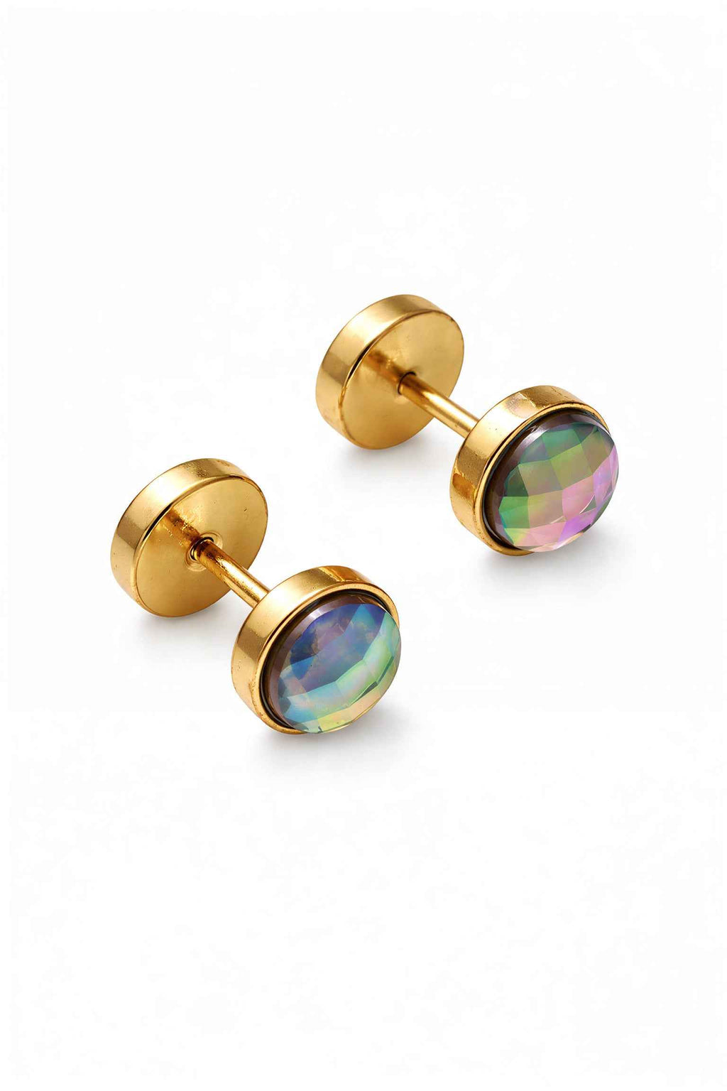 Gold Round Stud Earrings with Iridescent Crystal – Unisex Minimalist Gemstone Earrings – Modern Luxury Jewelry