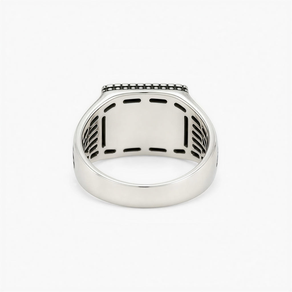 Backside view of adjustable oxidised plated signet ring for boys and men showing detailed craftsmanship
