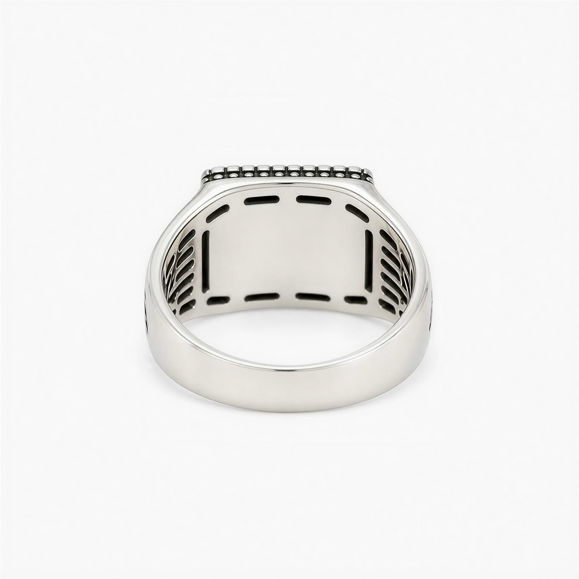 Backside view of adjustable oxidised plated signet ring for boys and men showing detailed craftsmanship
