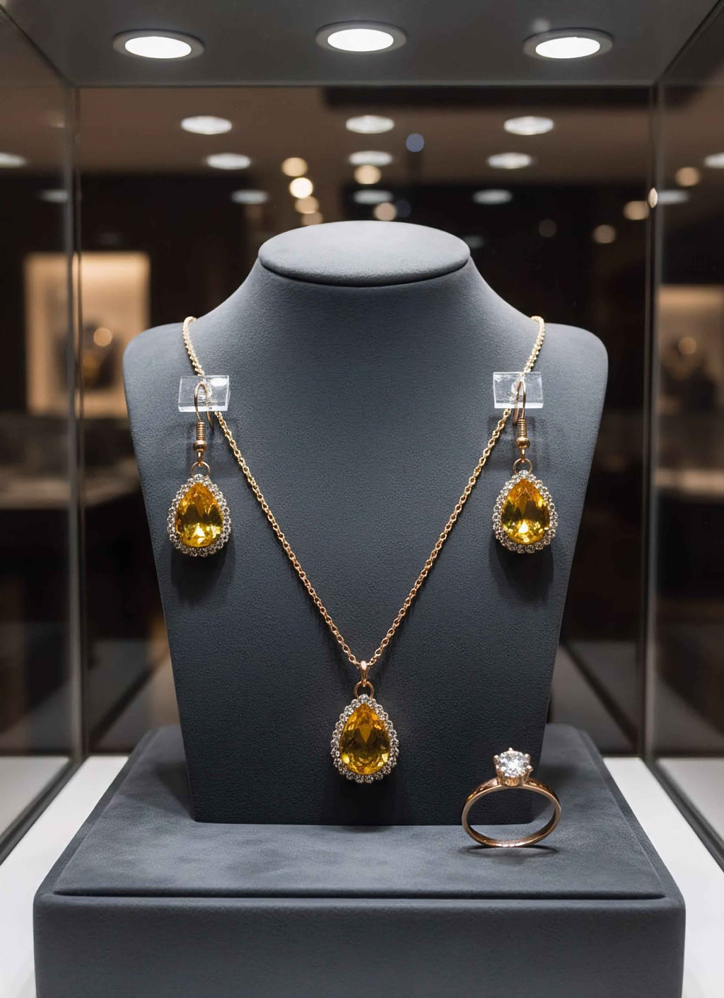 Champagne Gold Teardrop Crystal Jewelry Set – Gold Necklace, Earrings & Statement Ring