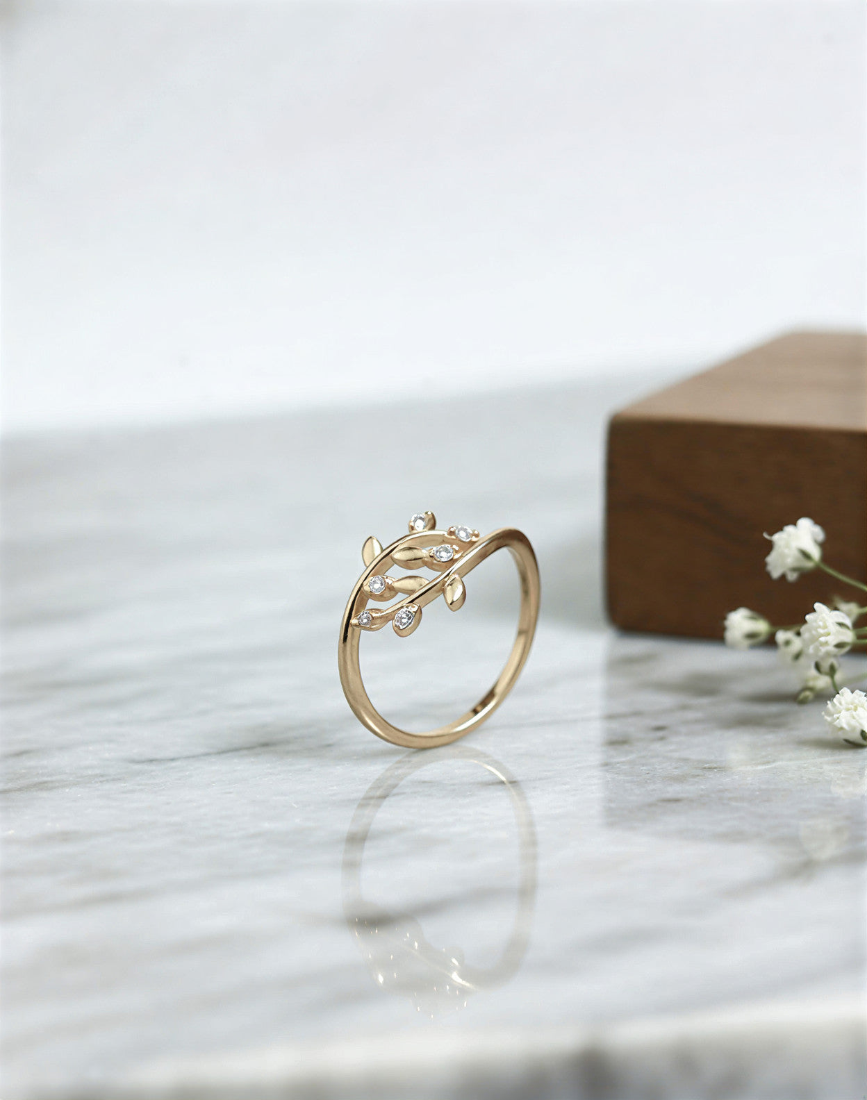 Rose Gold Plated Leaf Design Ring for Women | Crystal Studded Adjustable Ring - VAYNORA JEWELS