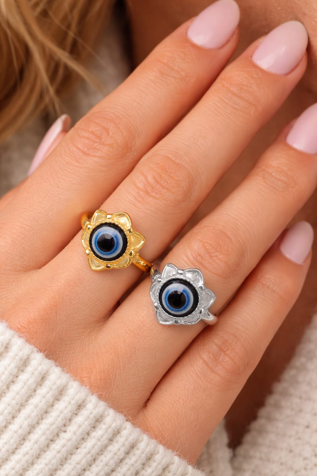 Stainless Steel Evil Eye Ring Combo for Women | Gold & Silver Plated Adjustable Nazar Rings | Trendy Floral Protection Ring Set (Pack of 2) - VAYNORA JEWELS