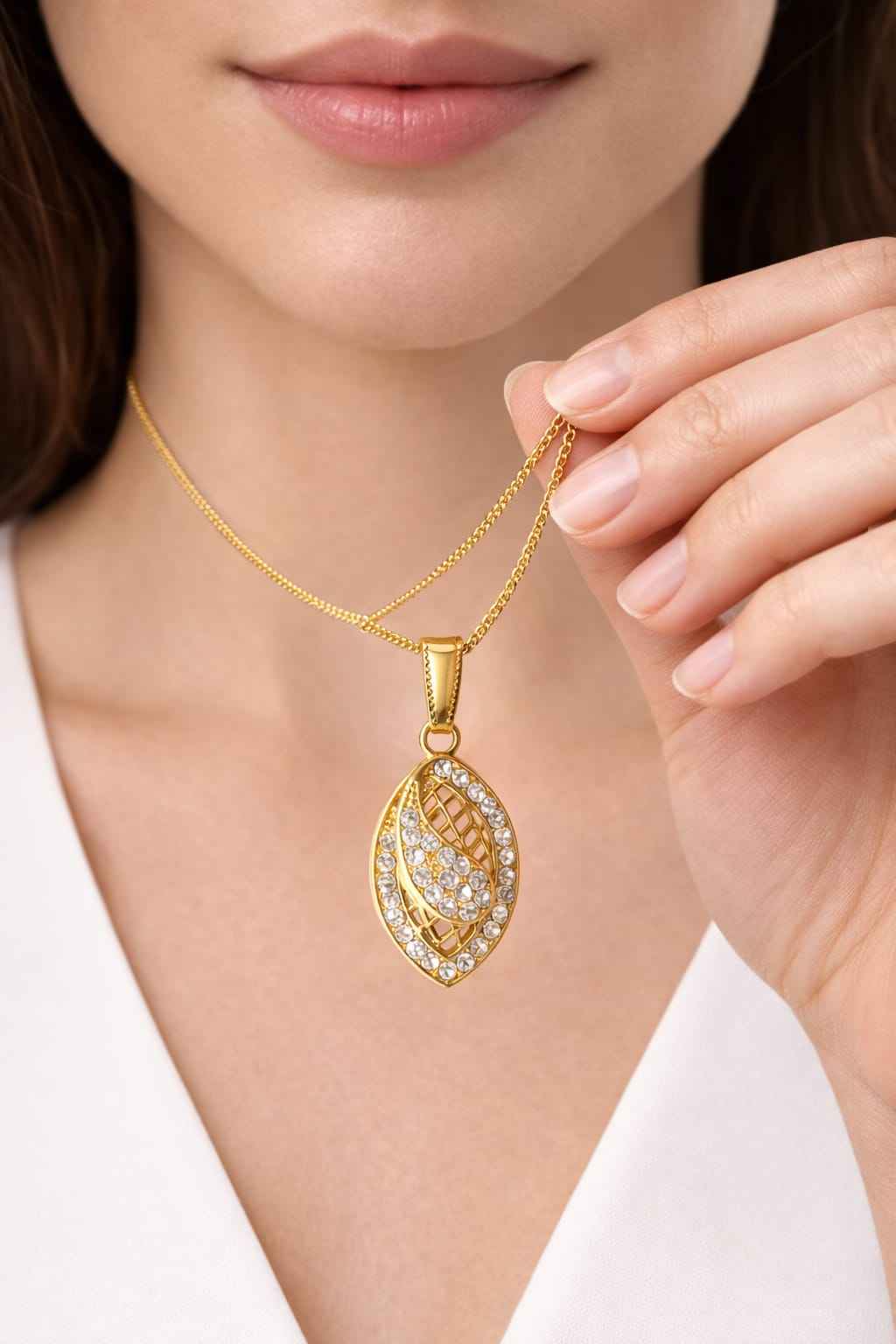 Gold Plated American Diamond Leaf Pendant Necklace for Women | Designer Crystal Pendant Chain | Stylish Daily Wear & Party Wear Jewellery Gift for Girls & Women